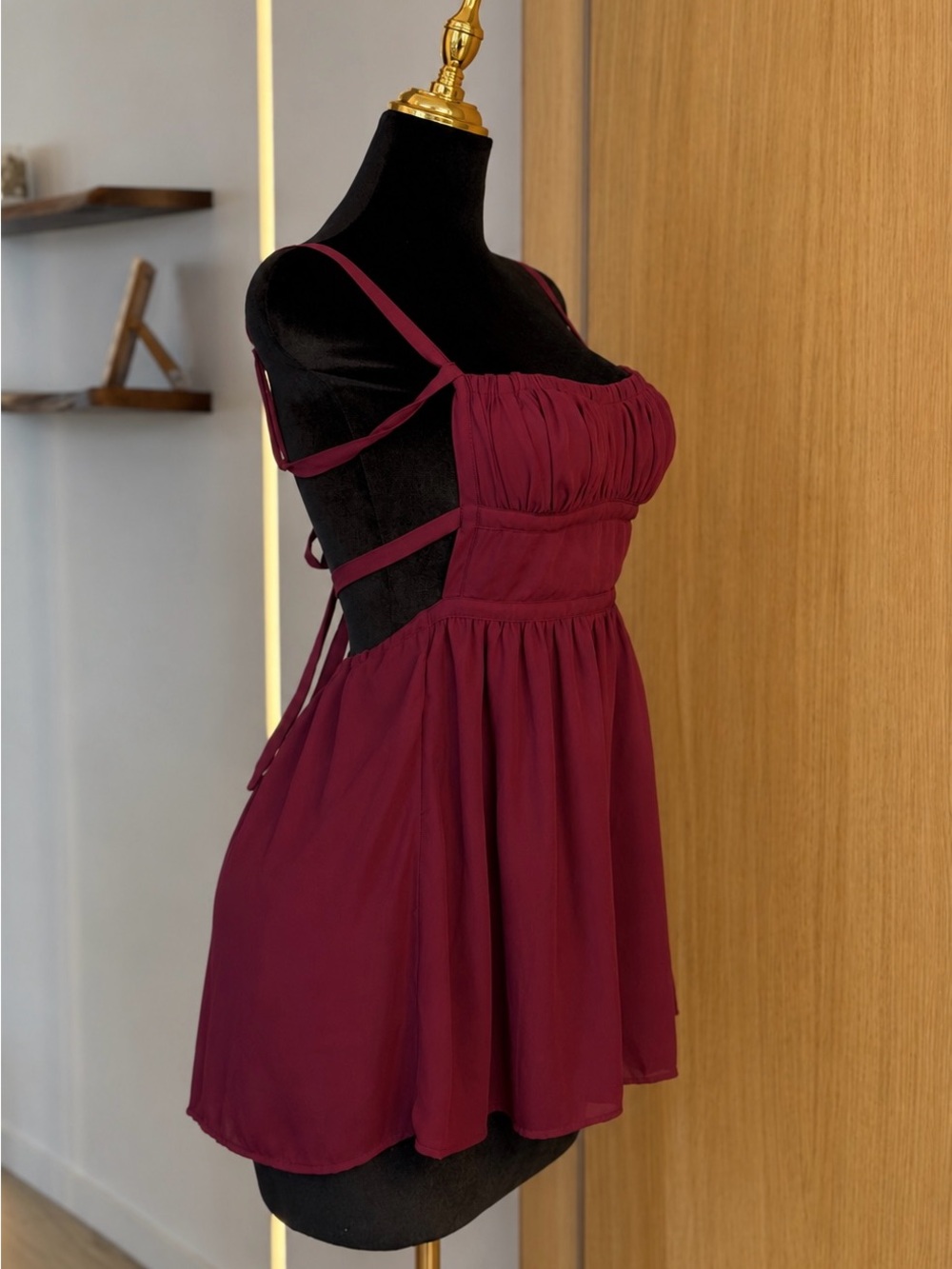 Lucy in the Sky Burgundy Ruched Coquette Babydoll Mini Dress | Cherry Muse - Picture 3 of 5